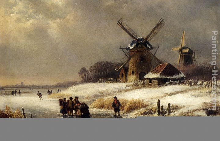 Figures On A Frozen Waterway By A Windmill painting - Lodewijk Johannes Kleijn Figures On A Frozen Waterway By A Windmill art painting